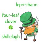 leprechaun, four-leaf clover, shillelagh